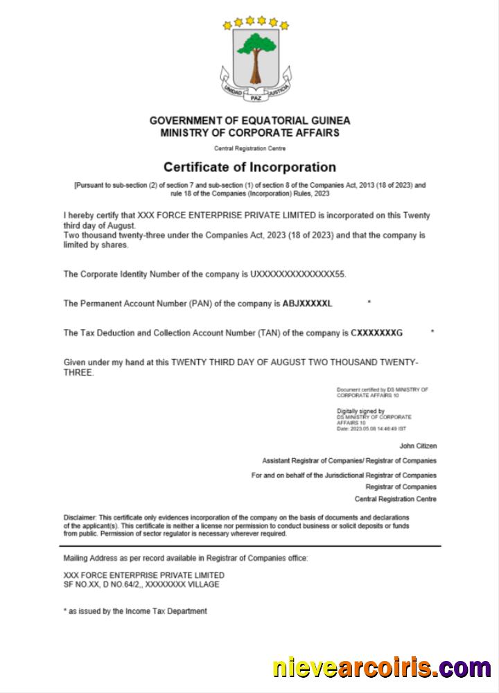 Equatorial Guinea certificate of registration